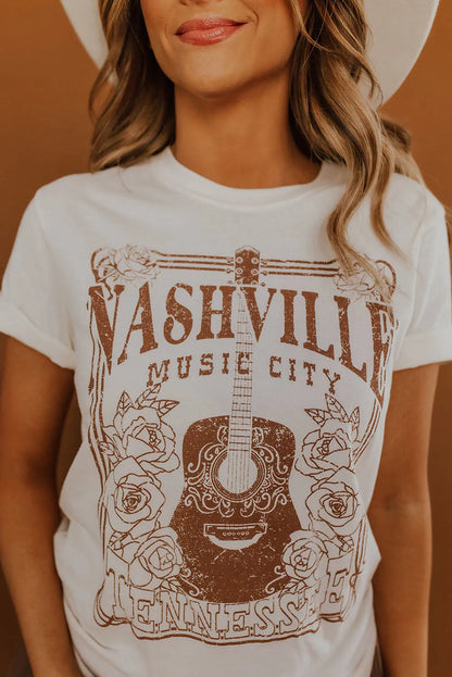 White NASHVILLE MUSIC CITY Graphic Crew Neck Tee - Chic Meadow Boutique 