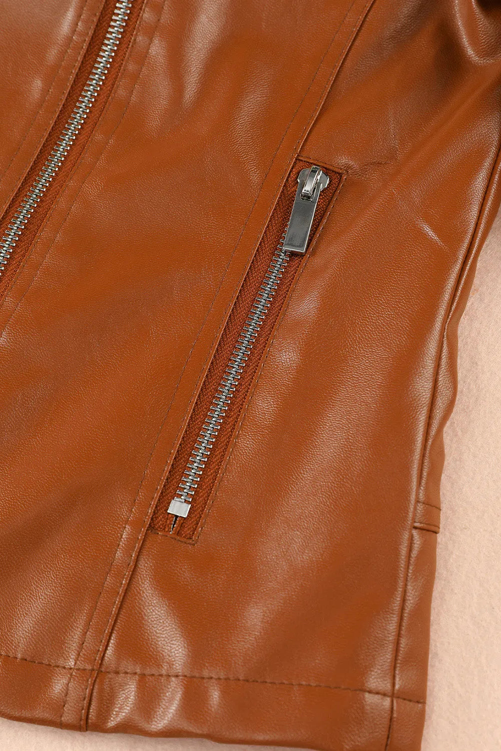 Brown Ribbed Seam Detail Faux Leather Zipped Motorcycle Jacket - Chic Meadow Boutique 