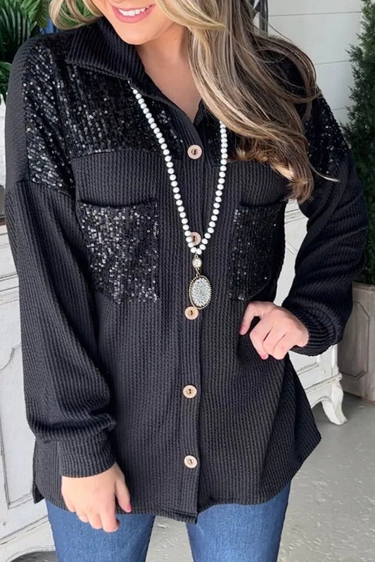 Black Sequin Patch Chest Pocket Corded Shacket - Chic Meadow Boutique 