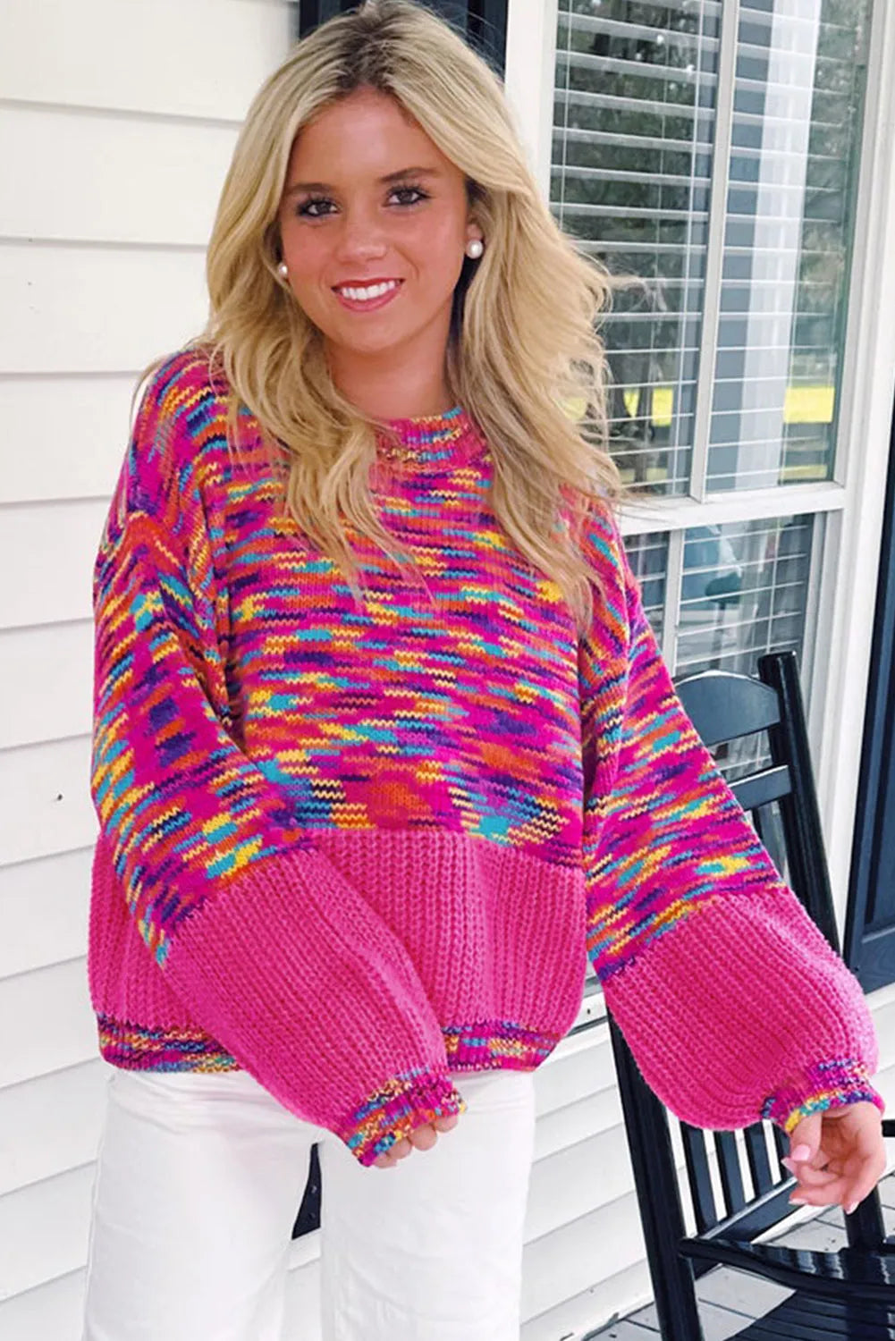 Bright Pink Rainbow Confetti Drop Shoulder Sweater - Chic Meadow Boutique 