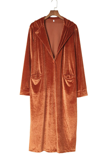 Brown Retro Velvet Long Sleeve Pocket Coat - Chic Meadow Boutique 