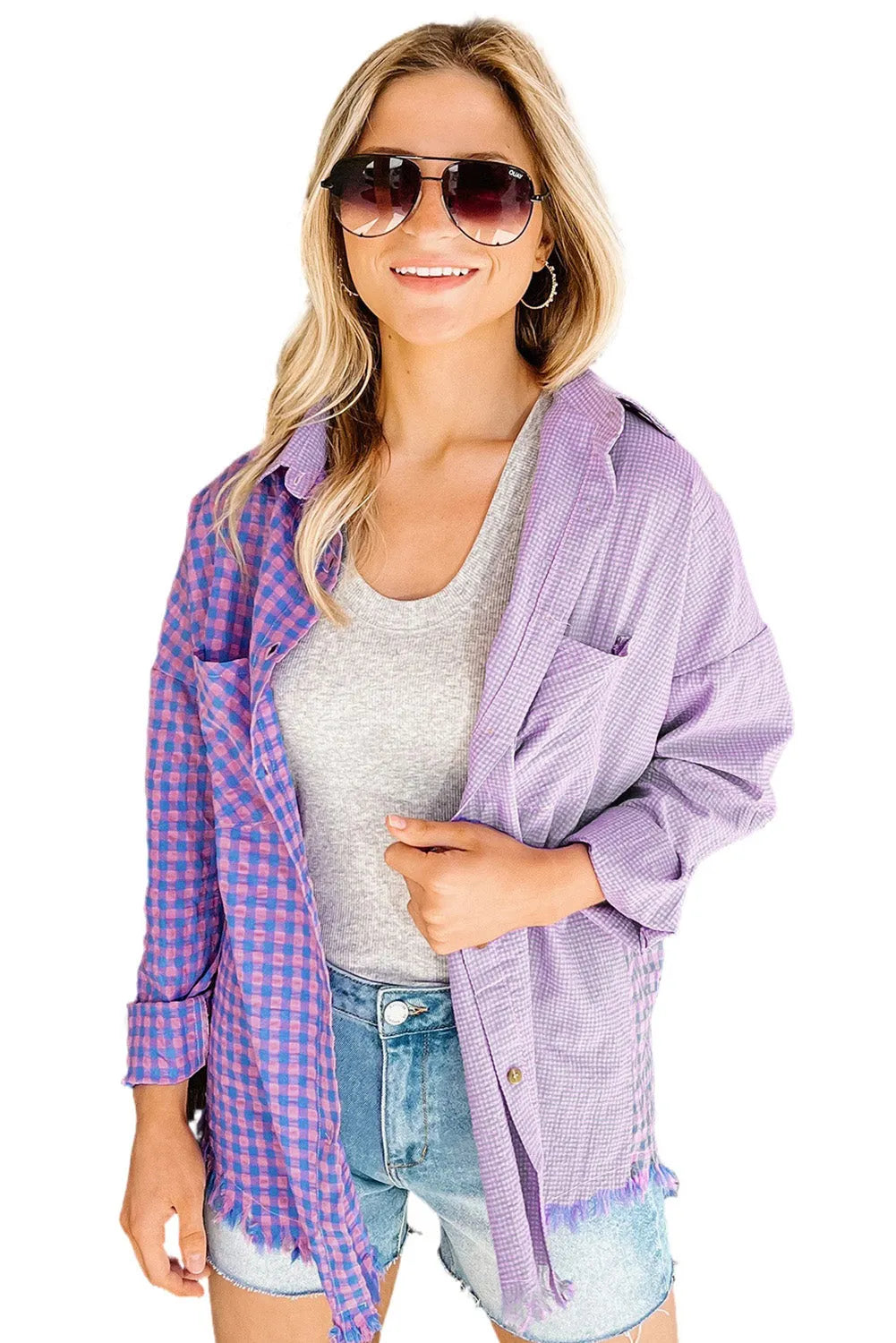 Purple Mixed Plaid Button Down Long Sleeve Chest Pocket Shirt - Chic Meadow Boutique 