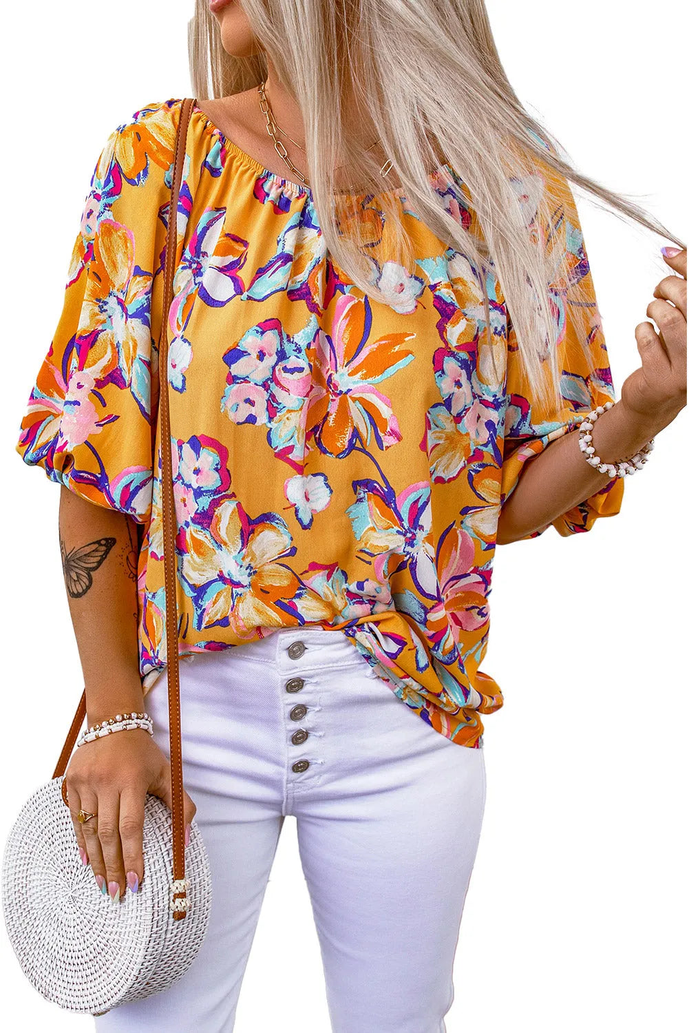 Yellow Floral Print Elastic Neckline Blouse - Chic Meadow Boutique 