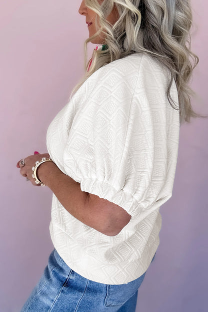 White Contrast Striped Collar Patchwork Textured Half Sleeve Blouse