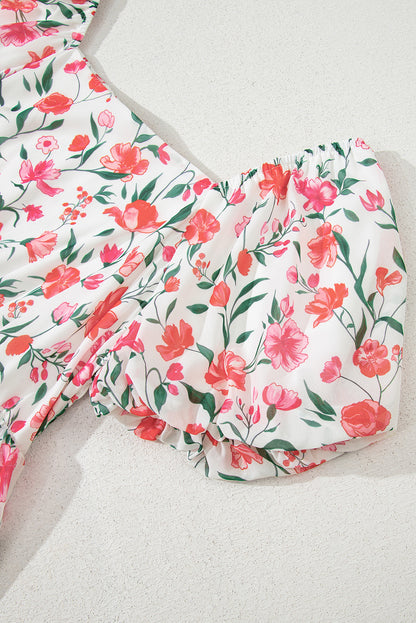 Pink Floral Puff Sleeve Square Neck Empire Waist Tiered Maxi Dress