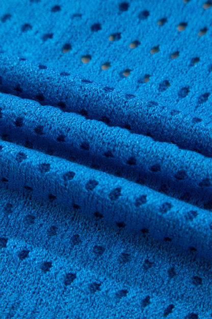 Sky Blue Solid Color Hollowed Knit Short Sleeve Zipper Collar Knitwear Top