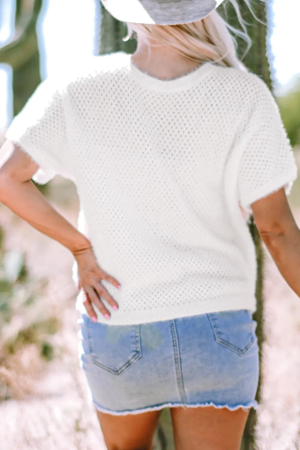 Tops/Short Sleeve Sweaters White Fuzzy Eyelet Knitted Sweater T-shirt