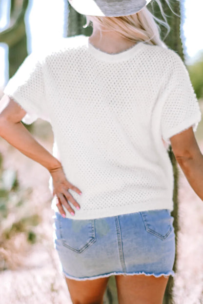 Tops/Short Sleeve Sweaters White Fuzzy Eyelet Knitted Sweater T-shirt