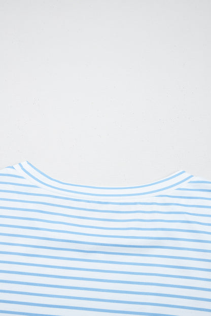 Sky Blue Stripe Floral Three Quarter Sleeves Patchwork Drop Shoulder Top