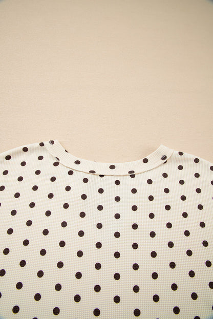 White Polka Dot Print Notched Neck Long Sleeve Top Drawstring Jogger Pants Waffle Knit Lounge Set