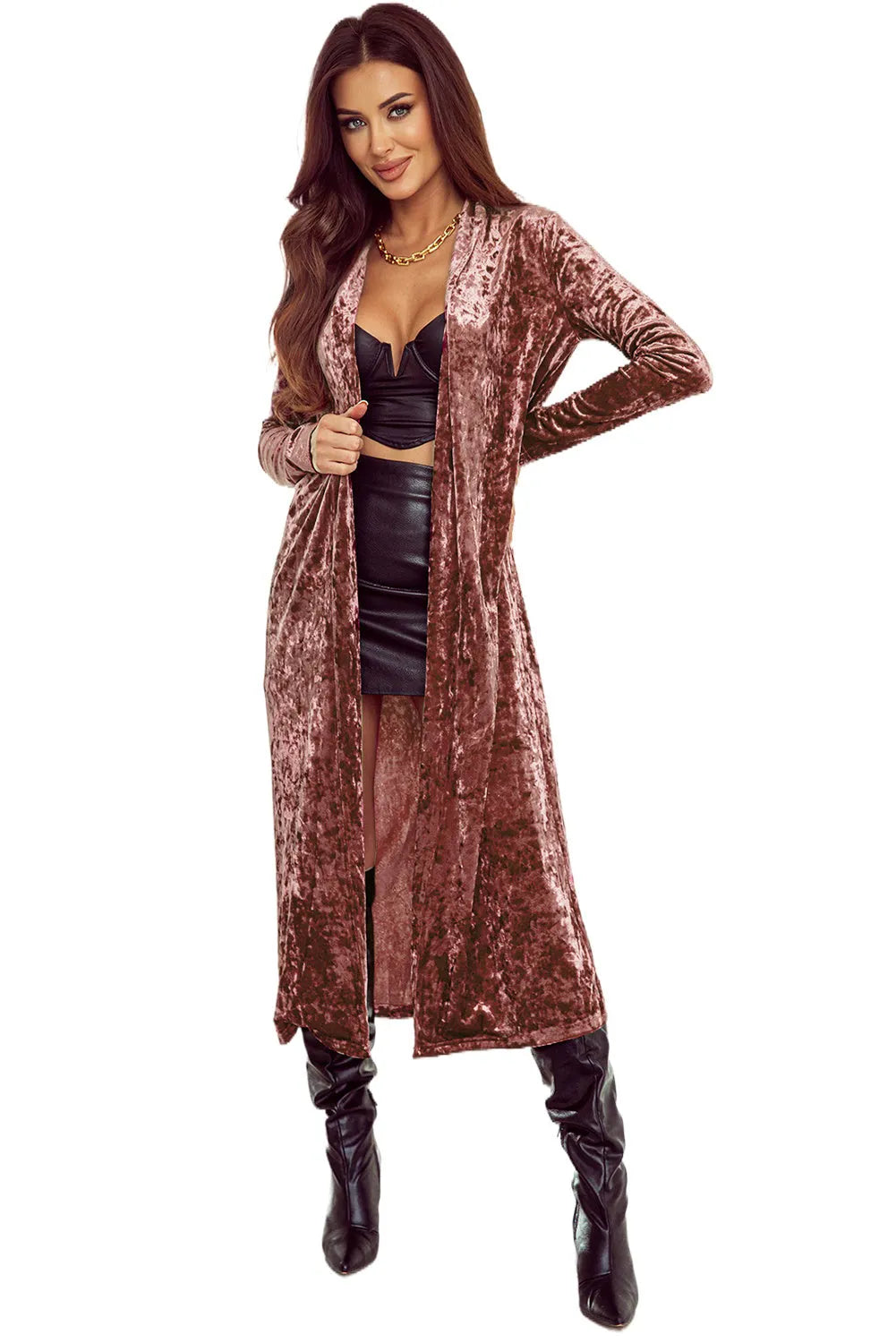 Pink Lapel Open Front Duster Velvet Cardigan - Chic Meadow Boutique 