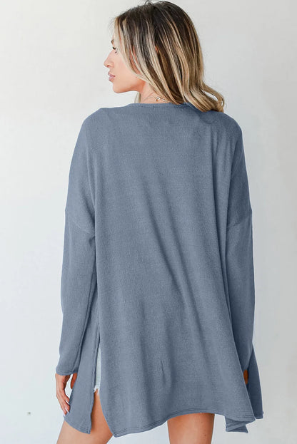 Ashleigh Blue Solid Color Rib Knit Open Front Tunic Cardigan - Chic Meadow Boutique 