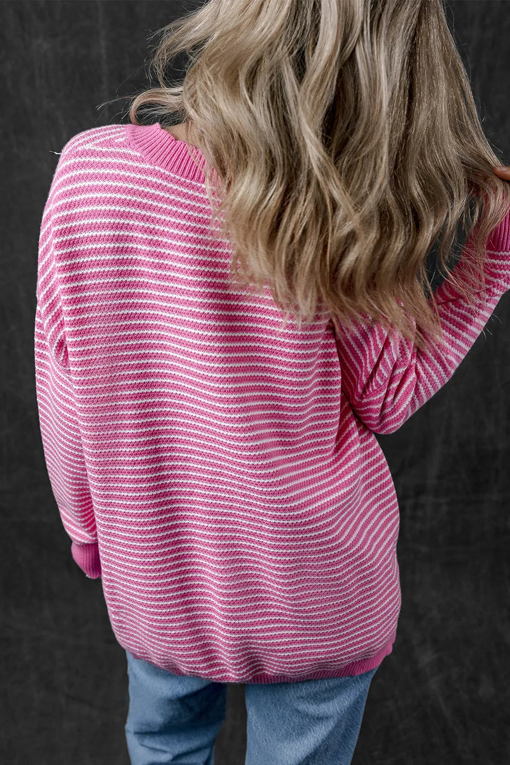 Pink Striped Scallop V Neck Loose Sweater with Slits - Chic Meadow Boutique 