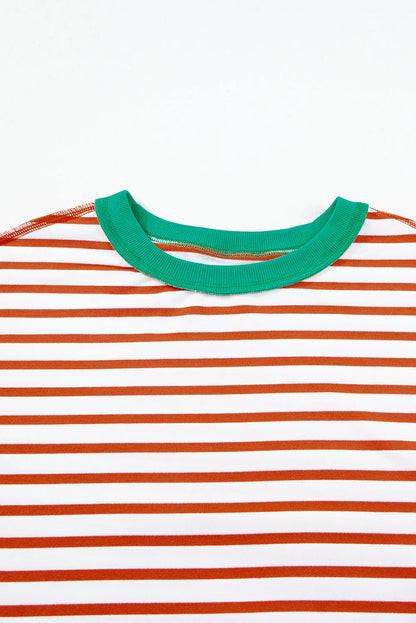 Orange Stripe Oversized Contrast Trim Exposed Seam High Low T Shirt - Chic Meadow Boutique 