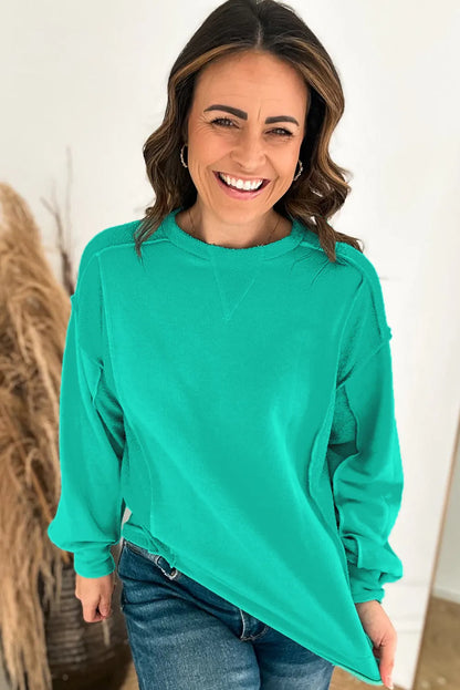 Mint Green Splicing Round Neck Pullover Sweatshirt - Chic Meadow Boutique 