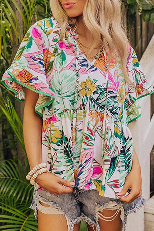 White Tropical Floral Print Ruffled Short Sleeve Blouse - Chic Meadow Boutique 