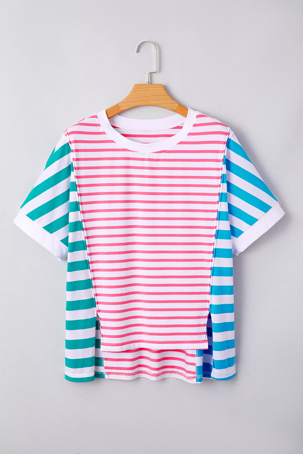 Pink Stripe Mixed Pattern Patchwork Uneven Hem Loose Tee