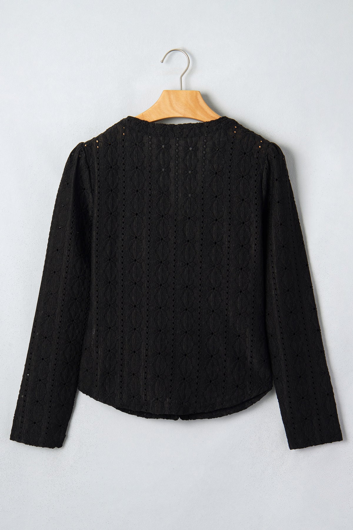 Black V Neck Floral Knit Long Sleeve Button Front Fit Blouse