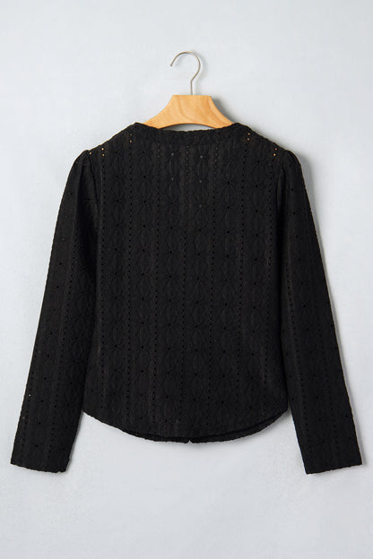 Black V Neck Floral Knit Long Sleeve Button Front Fit Blouse