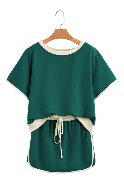 Evergreen Colorblock Edge Drop Shoulder T Shirt and Skirt 2Pcs Set