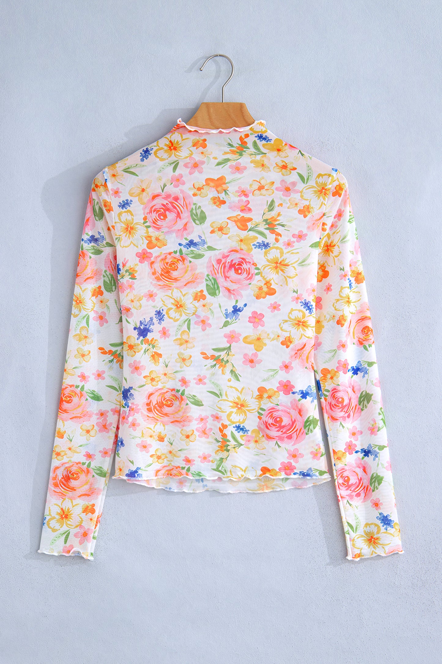 White Lettuce Trim Floral Print Sheer Mesh Long Sleeve Top
