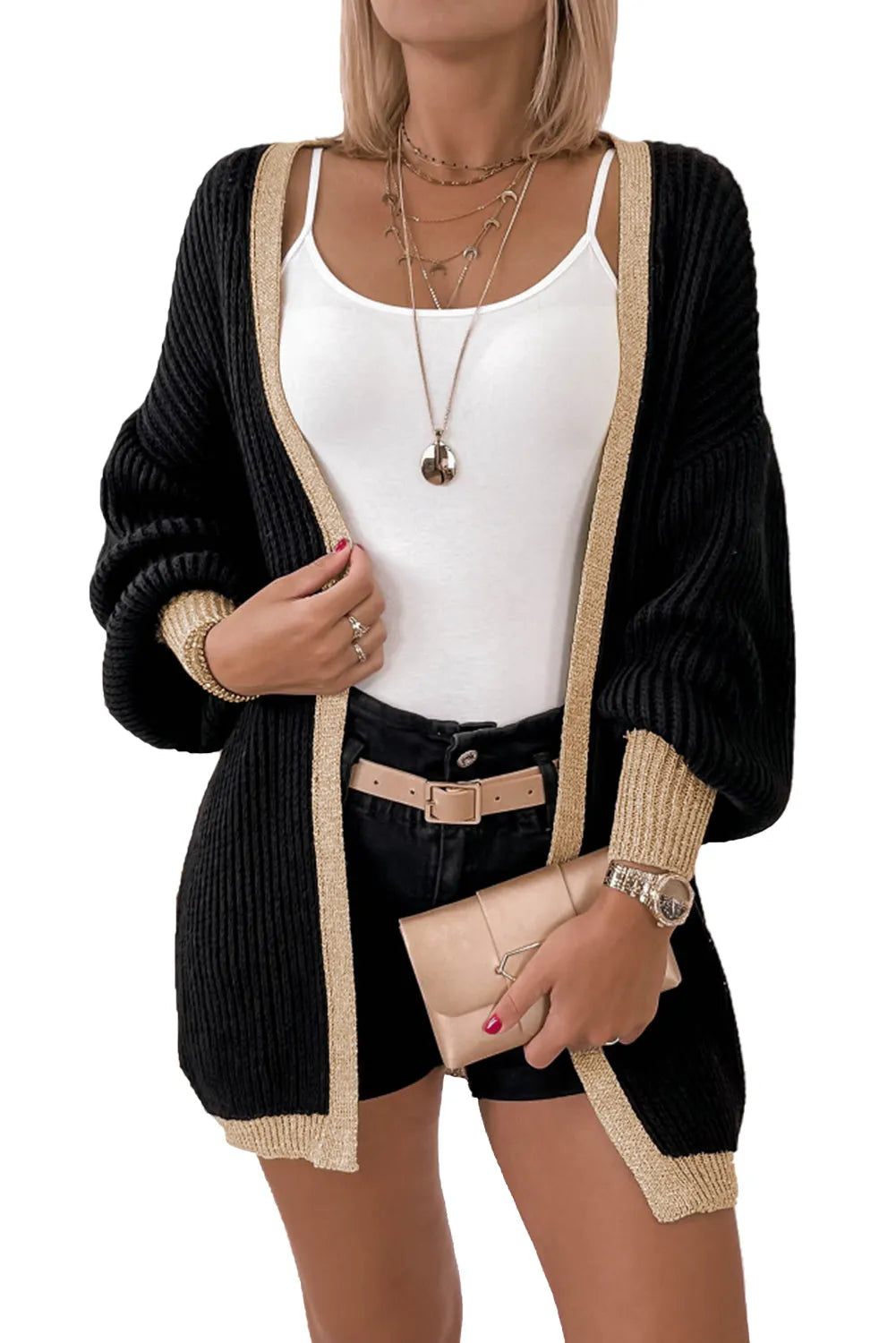 Black Contrast Trim Open Front Lantern Sleeves Cardigan - Chic Meadow Boutique 