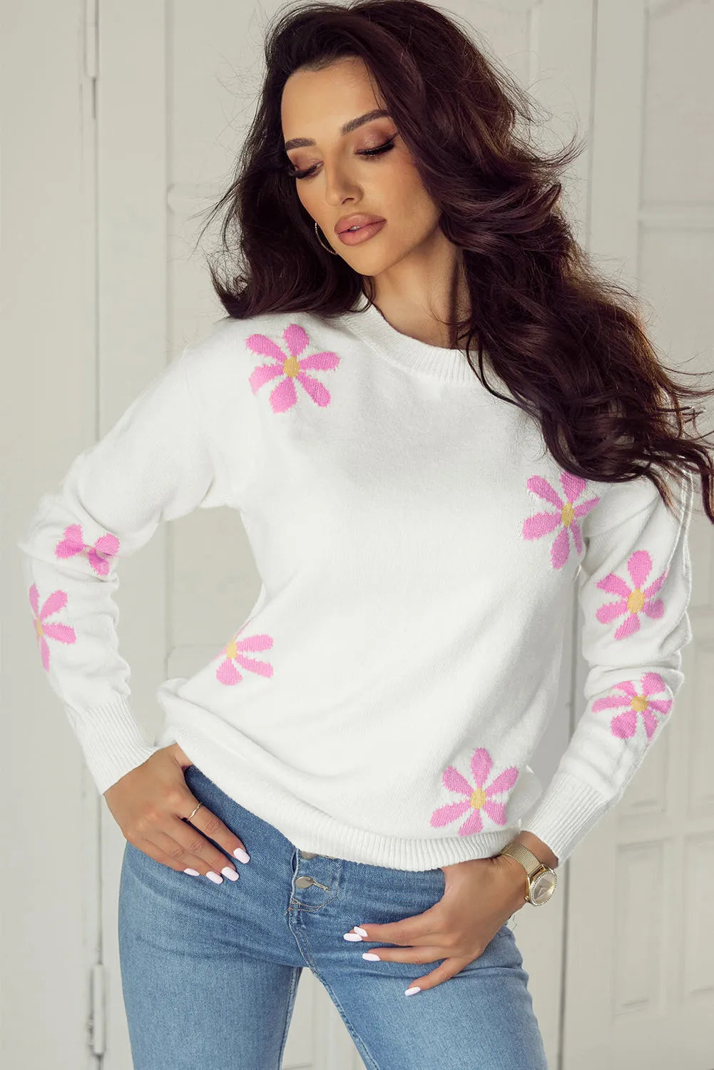 White Flower Pattern Ribbed Edge Elegant Sweater - Chic Meadow Boutique 