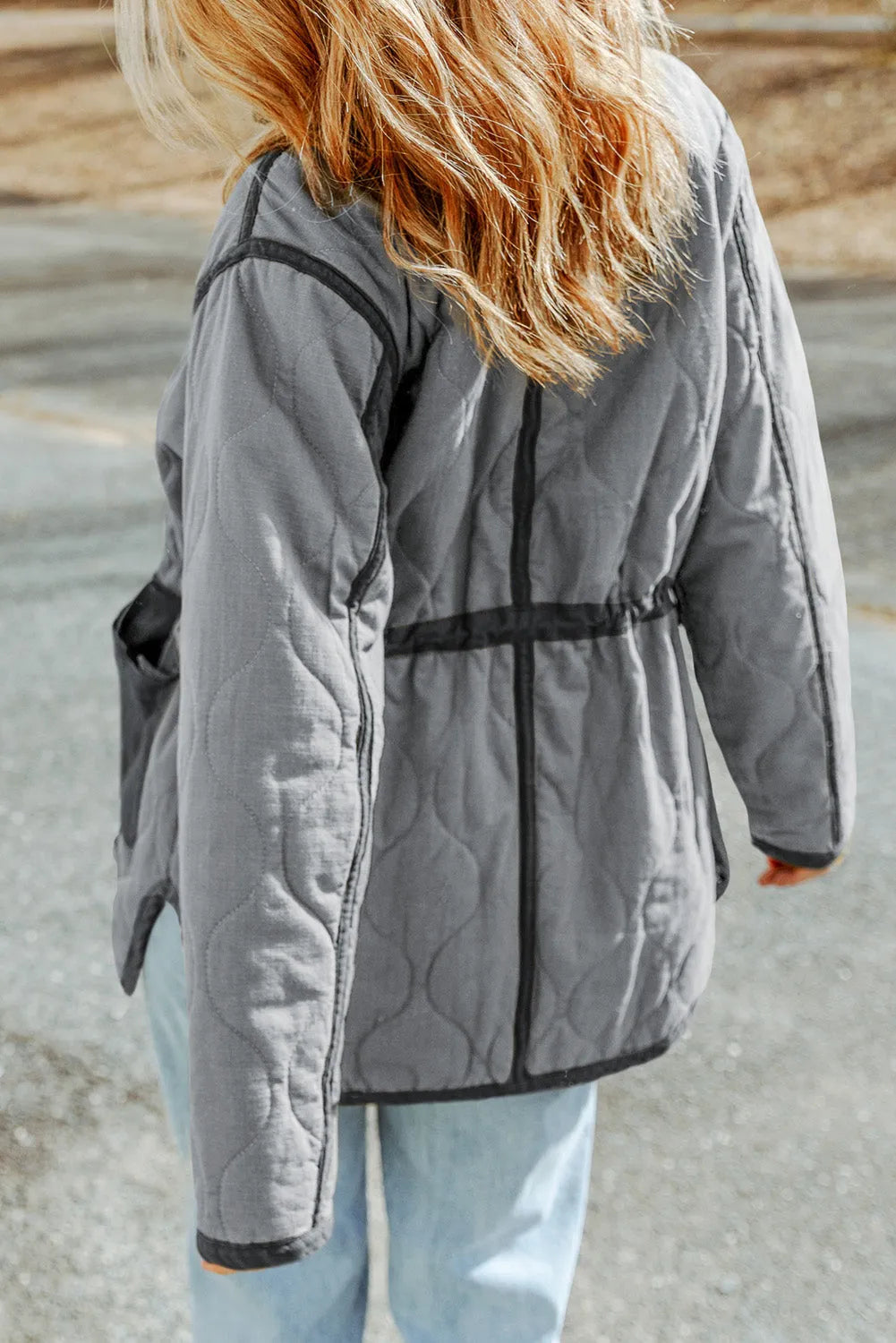 Gray Stitching Quilted Drawstring Jacket - Chic Meadow Boutique 