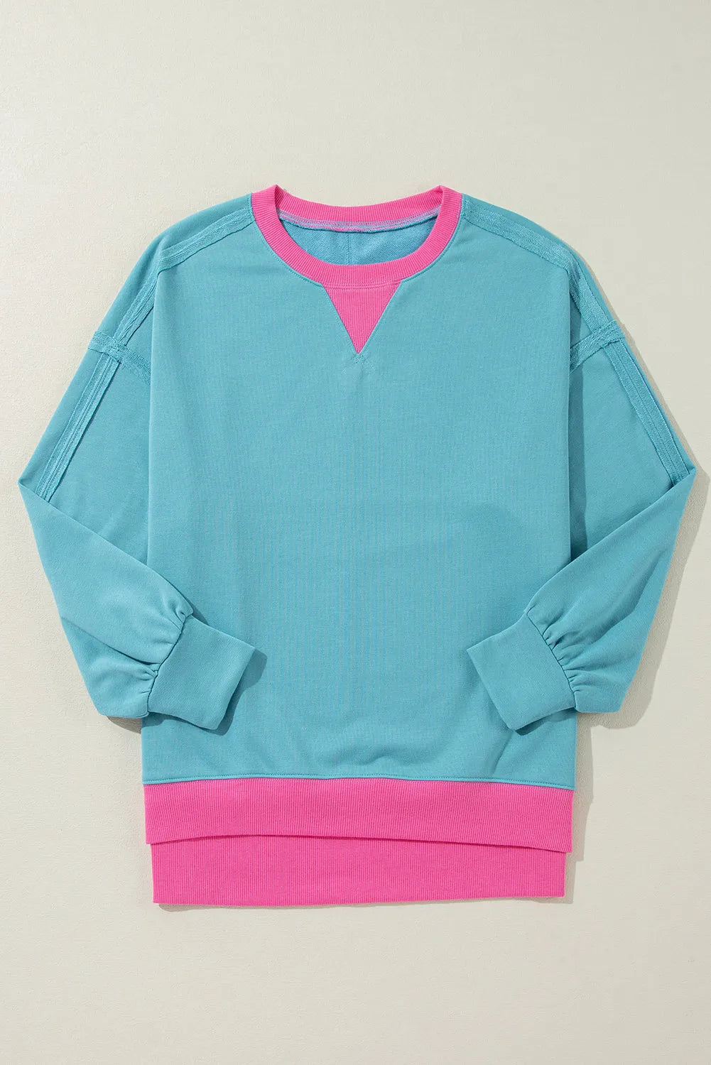 Light Blue Colorblock Patchwork Crew Neck Loose Sweatshirt - Chic Meadow Boutique 