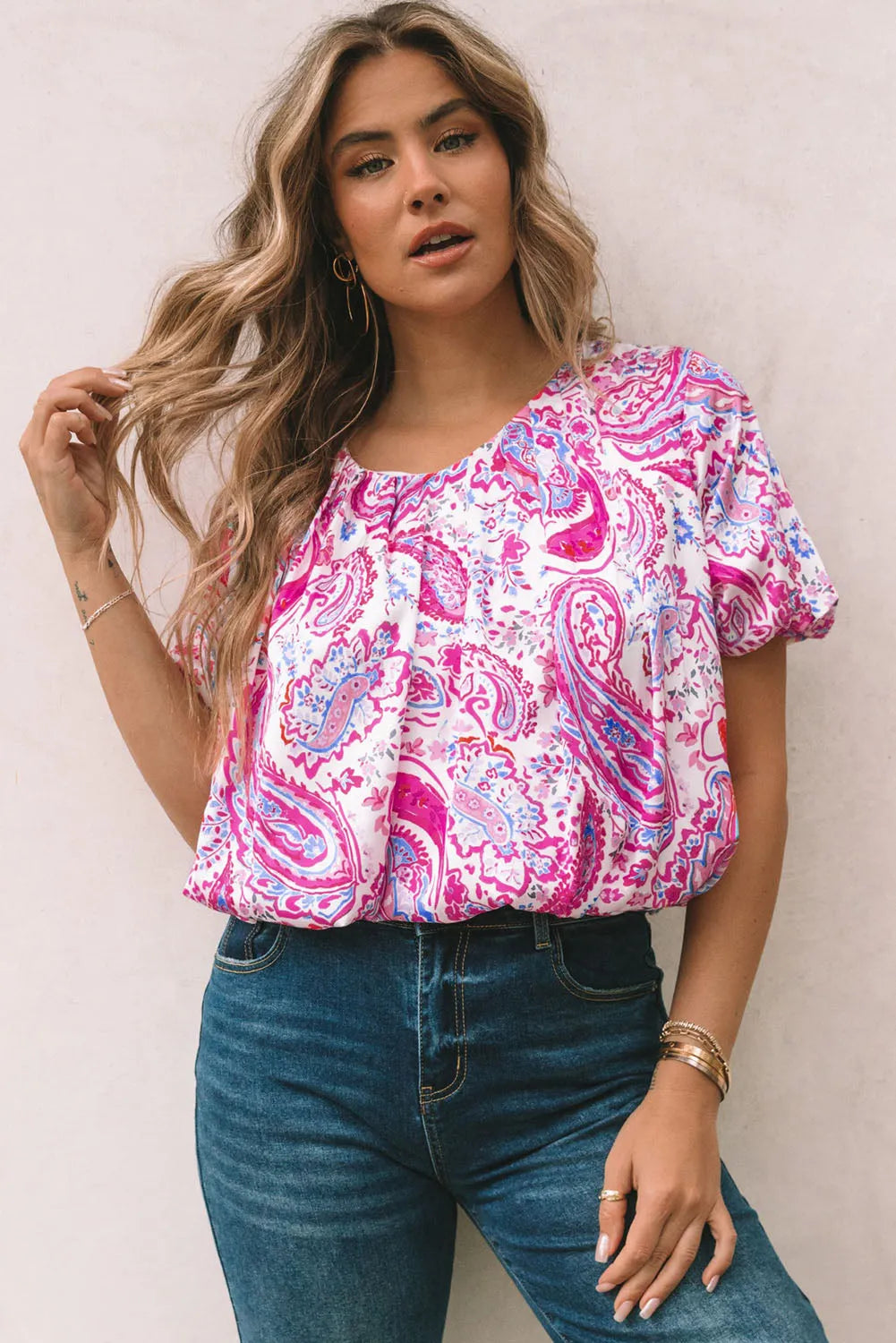 Paisley Pattern Print Puff Sleeve V Neck Blouse - Chic Meadow Boutique 