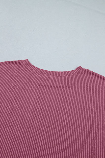 Pitaya Pink Twisted Ribbed Loose Tee Drawstring Elastic Waist 2pcs Short Set