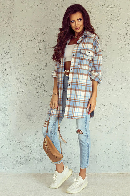 Sky Blue Plaid Flap Pocket Long Sleeve Shacket - Chic Meadow Boutique 