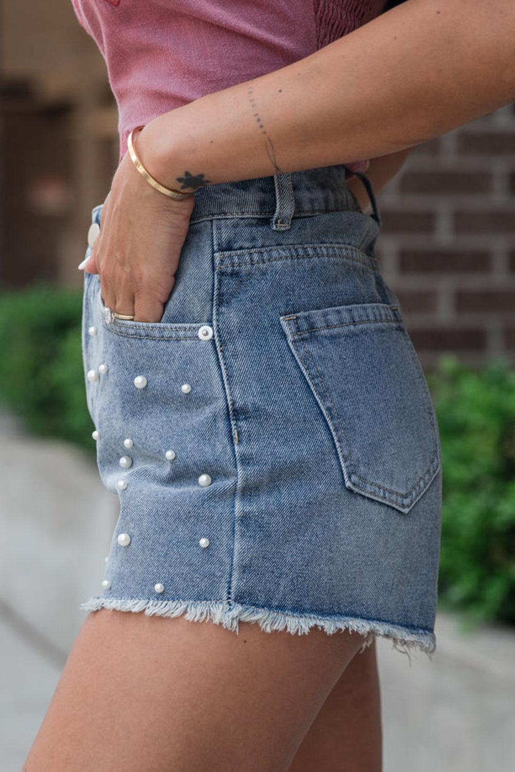 Dusk Blue Pearl Beaded Raw Hem Medium Wash Denim Shorts