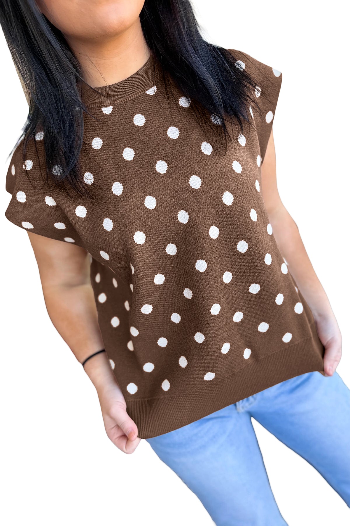 Brown Dolman Short Sleeve Round Neck Polka Dot Sweater