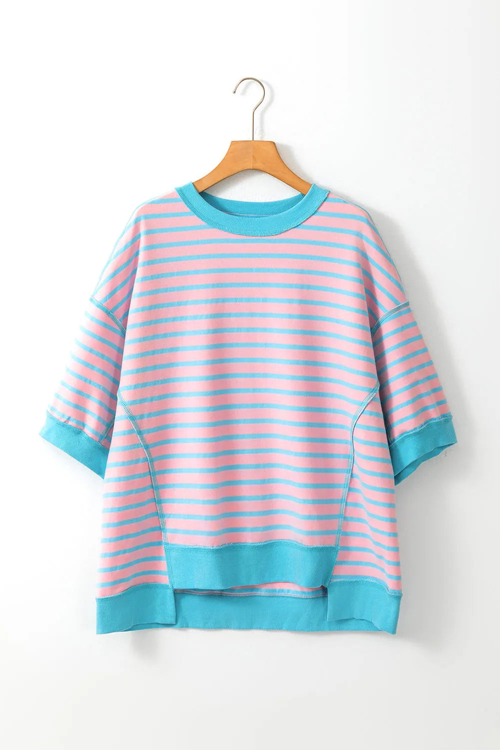 Pink Stripe Oversized Contrast Trim Exposed Seam High Low T Shirt - Chic Meadow Boutique 