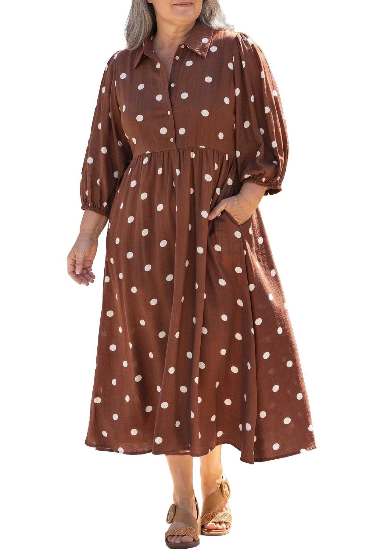 Brown Polka Dot V Neck Abdomen Pocket Gathered Cuffs Long Sleeve Shift Plus Size Dress