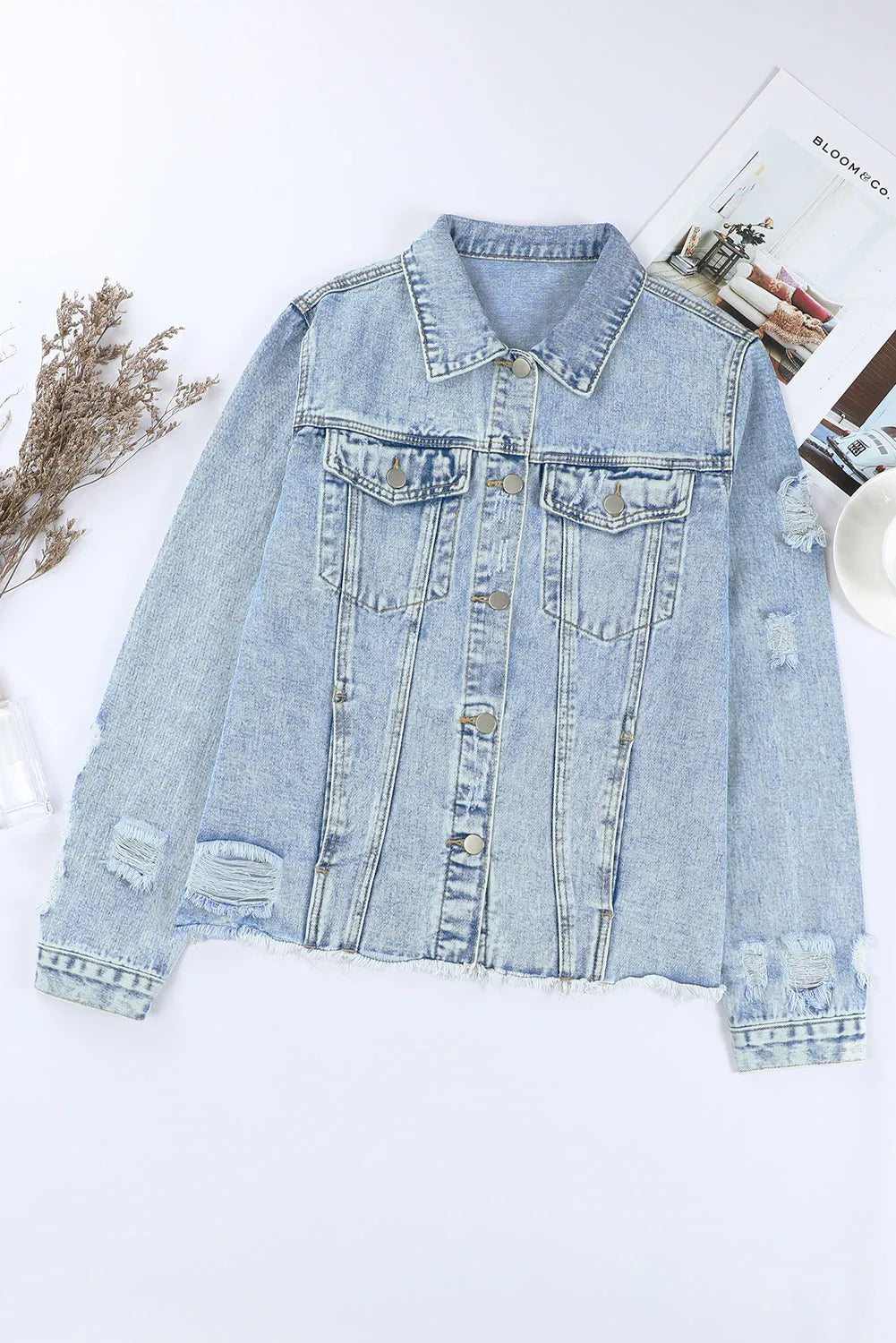 Sky Blue Lapel Distressed Raw Hem Buttons Denim Jacket - Chic Meadow Boutique 