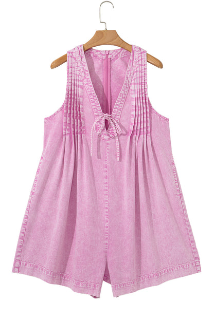 Bonbon Mineral Wash Pleated Bust V Neck Sleeveless Denim Romper