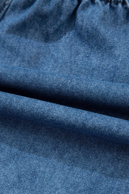 Sky Blue Buckle Straps Bib Style Drawstring Tied Backless Flared Denim Romper