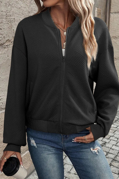 Black Solid Textured Stand Neck Zipper Bomber Jacket - Chic Meadow Boutique 