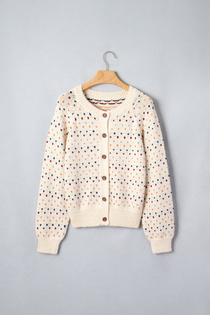 Beige Geometric Print Button Front Long Sleeve Regular Fit Cardigan