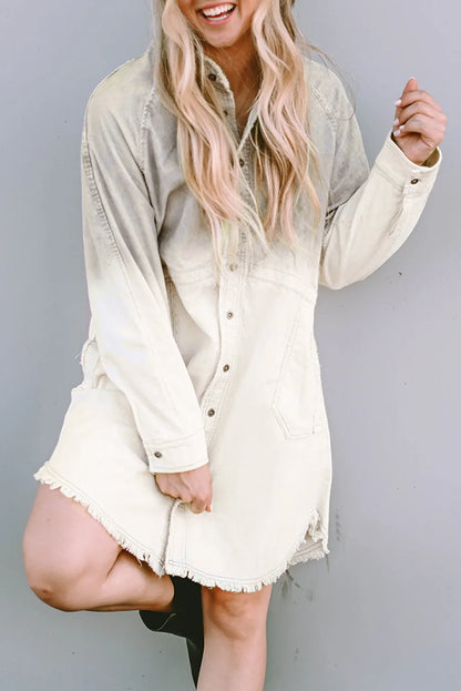 Gray Gradient Long Sleeve Button Up Raw Hem Denim Dress - Chic Meadow Boutique 