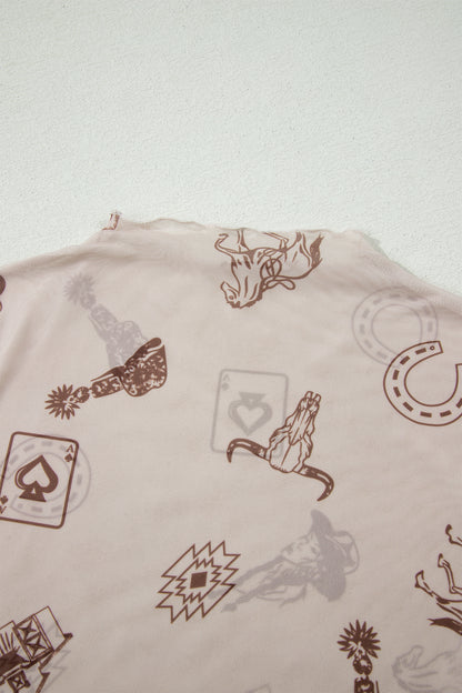 Oatmeal Western Printed Mesh Short Sleeve Top