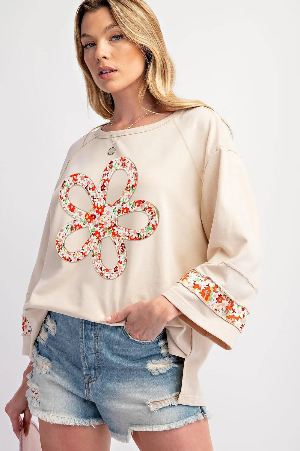 Beige Flower Patch Graphic Exposed Seam Wide Sleeve Top - Chic Meadow Boutique 