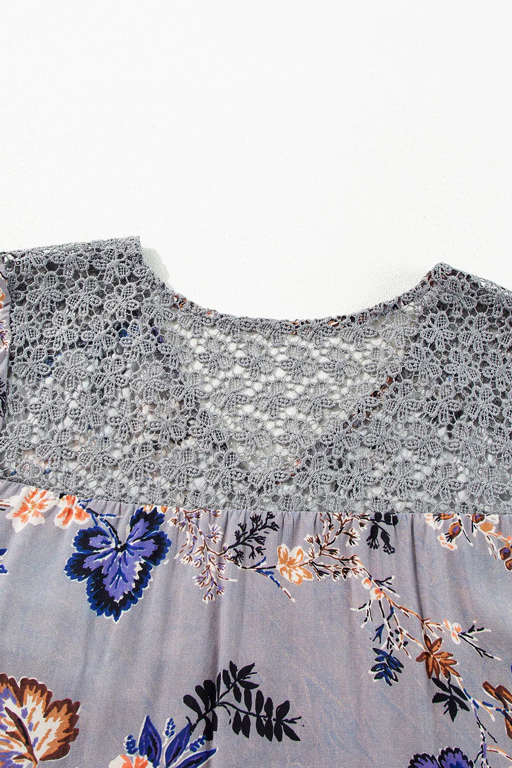 Sky Blue Floral Print Lace Patchwork Knot Front V Neck Blouse - Chic Meadow Boutique 