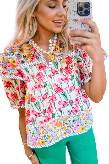 Pink Floral Print Striped Detail Split Neck Short Sleeve Blouse