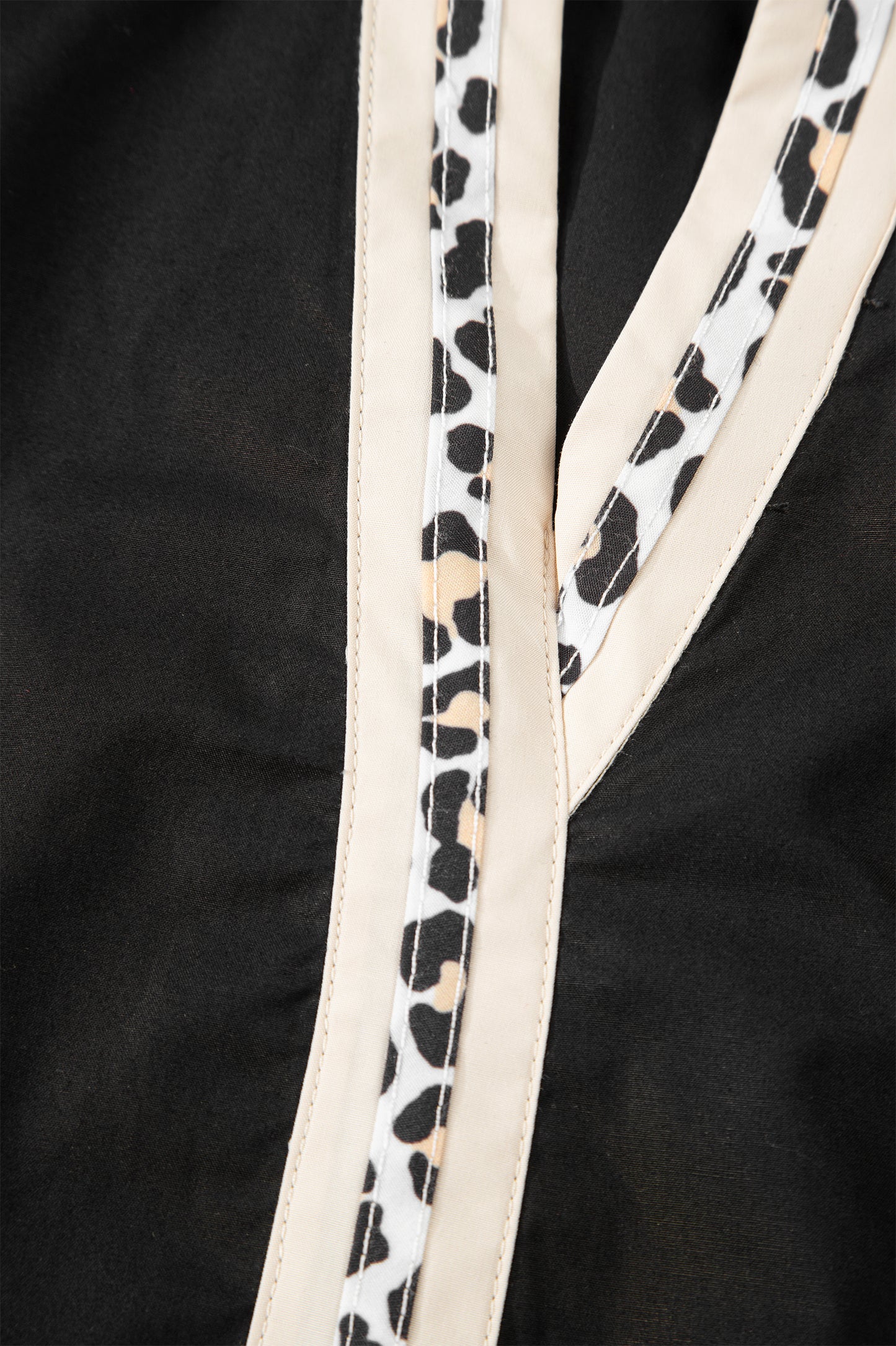 Black Puffy Flounce Sleeve Leopard Trim V Neck Blouse