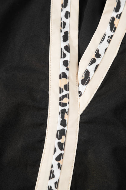 Black Puffy Flounce Sleeve Leopard Trim V Neck Blouse