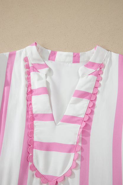 Pink Stripe Ricrac Trim Notched Neck Half Sleeve Vacation Dress
