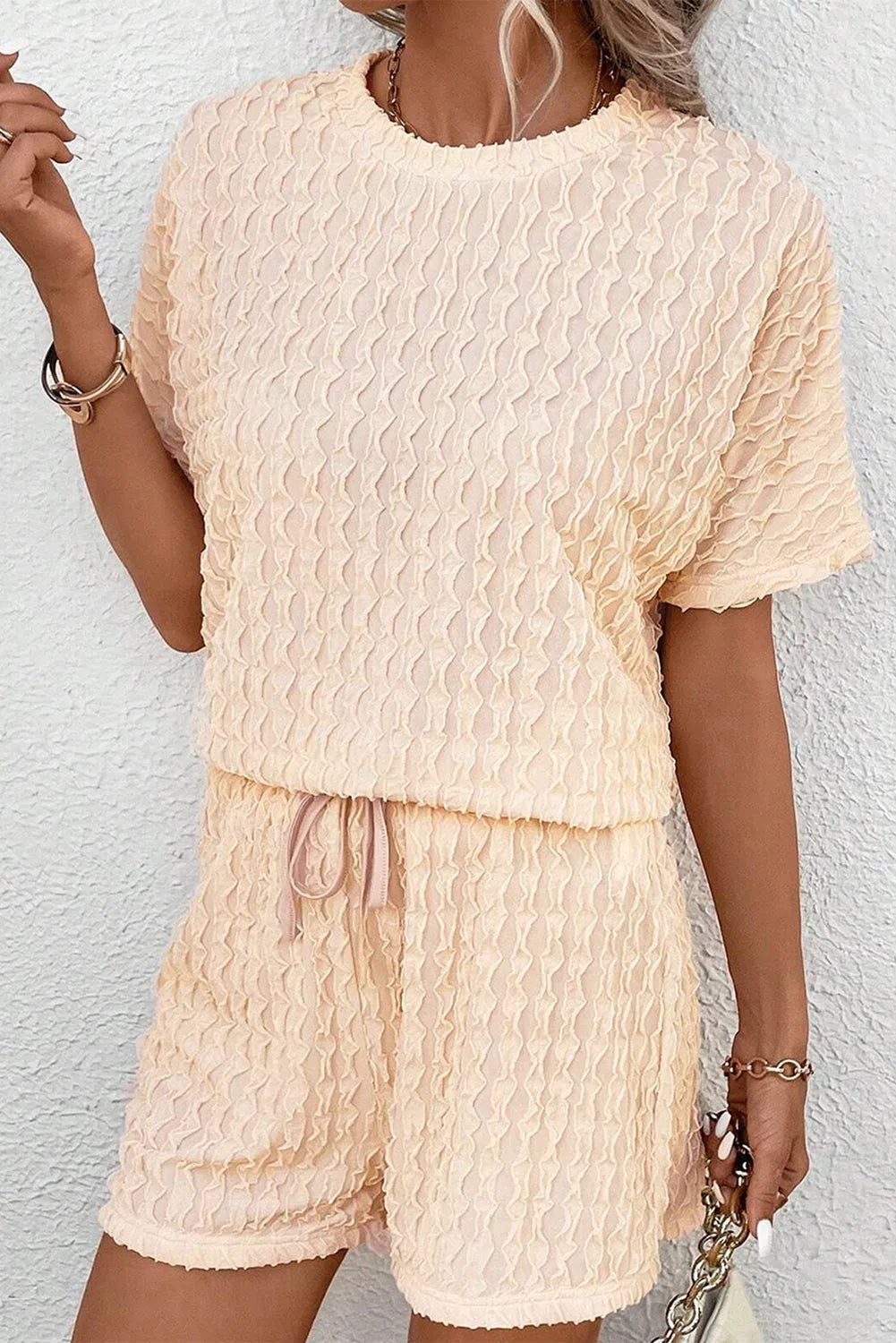 Beige Frill Textured Short Sleeve Top and Drawstring Shorts Set - Chic Meadow Boutique 